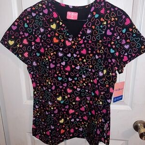 NWT Happy Hearts Women's 2-Pocket STRETCH V-Neck Print Scrub Top M.